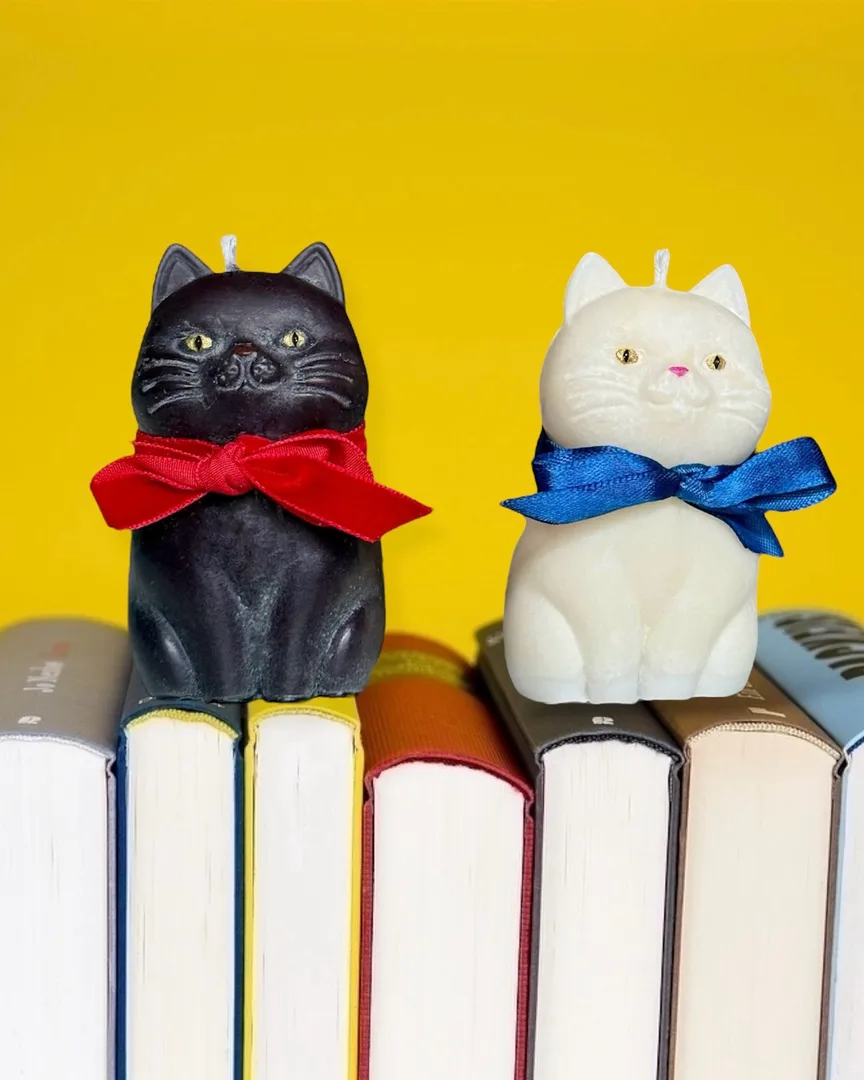 Свещи котета върху книги